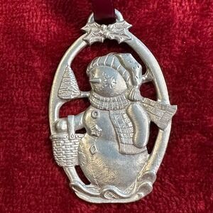 Longaberger 1999 Snowman Pewter Christmas Ornament with Basket Vintage Holiday